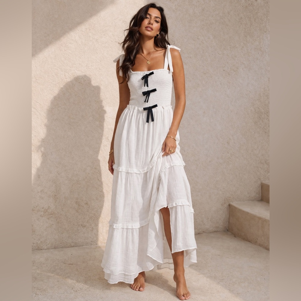 NWOT White Maxi Dress with Black Bow Accents